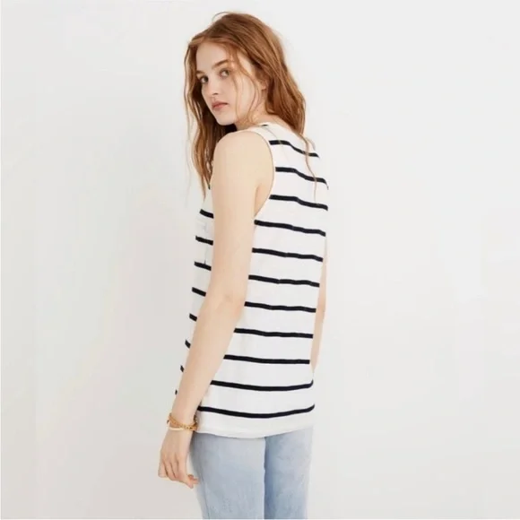 Madewell Black & White Striped V-Neck Pocket Tank – Size Small - Picture 2 of 7